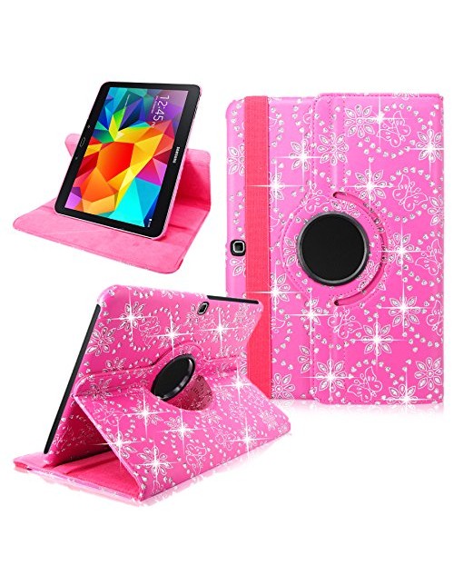 Leather Case For Samsung Galaxy Tab 4 10.1" Inch SM-T530 Tablet Pink Glitter 360 Degree Rotating Pu Leather Slim Flip Folio Portfolio Swivel Stand Case Cover Protector