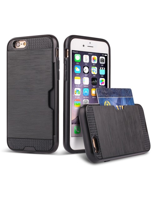 Apple iPhone 5G/5S Card Wire Drawing Candy Stripe Hard PC Hybrid Back Cover Card Storage Slot Pocket Cell Phone Fashion Case-Black