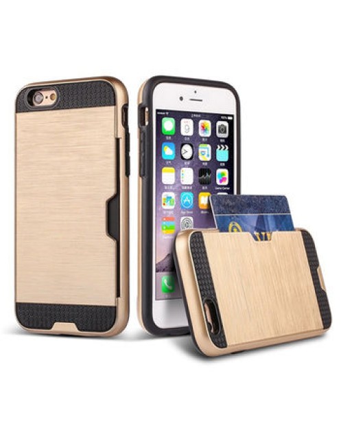 Apple iPhone 6 Card Wire Drawing Candy Stripe Hard PC Hybrid Back Cover Card Storage Slot Pocket Cell Phone Fashion Case-Gold