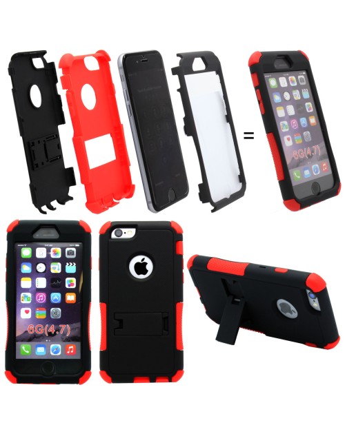 iPhone 6 Plus/6S Plus Logo Hole Heavy Duty Shockproof Miltary Silicon Case Cover with Built in Screen Protector Adjustable Positioning Stand-Red