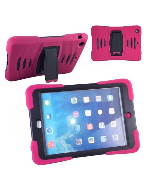 iPad Air 2 Heavy Duty Shockproof Miltary Silicon Case Cover with Built in Screen Protector Adjustable Positioning Stand-Pink