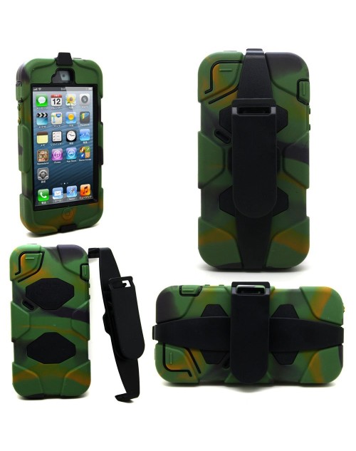 iPhone 5/5S Heavy Duty Shockproof Miltary Silicon Case Cover with Built in Screen Protector Adjustable Positioning Stand-Camouflage