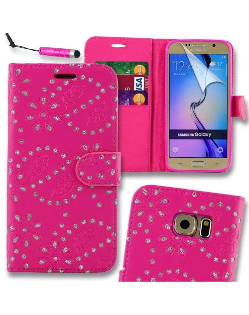 Samsung Galaxy S7 Glitter  Pu Leather Book Style Wallet Case with free  Stylus-Pink