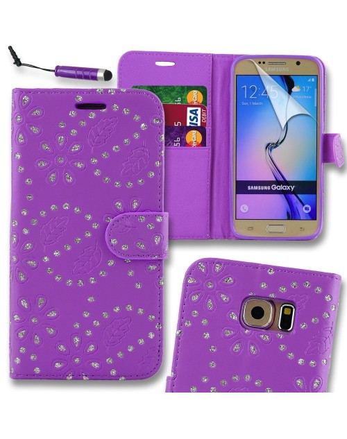 Samsung Galaxy S7 Glitter  Pu Leather Book Style Wallet Case with free  Stylus-Purple