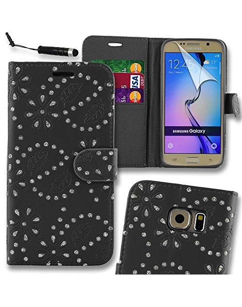 Samsung Galaxy S6 Glitter  Pu Leather Book Style Wallet Case with free  Stylus-Black