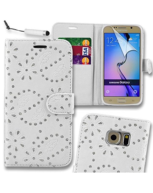 Samsung Galaxy S6 Edge Glitter  Pu Leather Book Style Wallet Case with free  Stylus-White