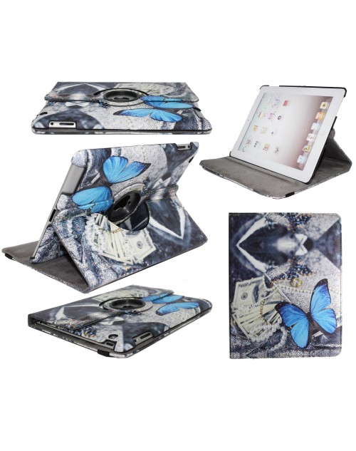 Apple iPad 3 Printed 360 Rotaing Pu Leather with Viewing Stand Plus Free Stylus Case Cover for Apple iPad 3-Blue Butterflies