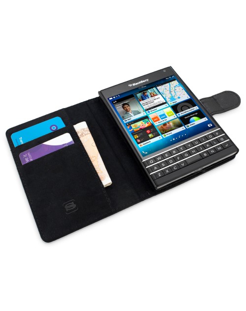 BlackBerry Passeport Pu Leather Case Cover Book Plus Protecteur d'écran gratuit et Mini Stylus-Black