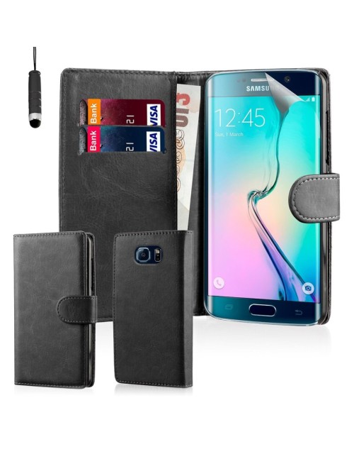 Samsung Galaxy S6 Edge Pu Leather Book Style Wallet Case with free  Stylus-Black