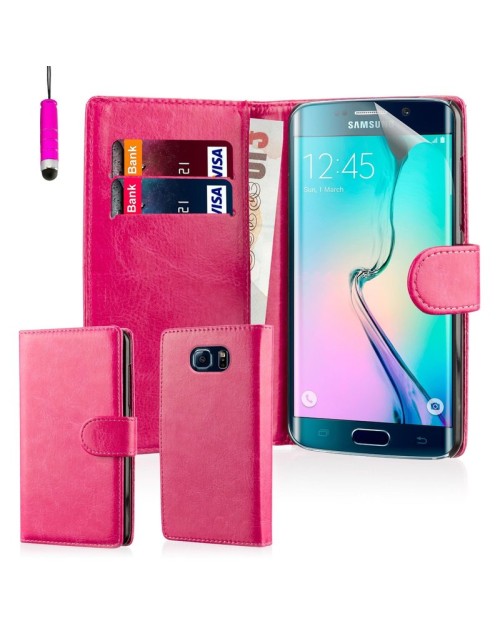 Samsung Galaxy S6 Edge Pu Leather Book Style Wallet Case with free  Stylus-Pink