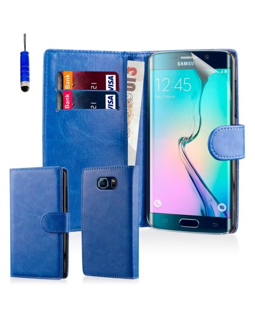 Samsung Galaxy S6 Edge Pu Leather Book Style Wallet Case with free  Stylus-Blue