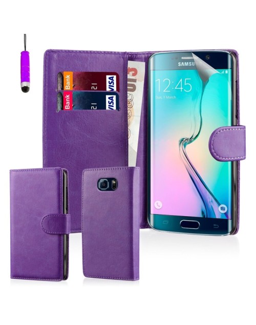 Samsung Galaxy S6 Edge Pu Leather Book Style Wallet Case with free  Stylus-Purple