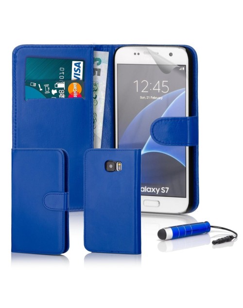 Samsung Galaxy S7 Pu Leather Book Style Wallet Case with free  Stylus-Blue