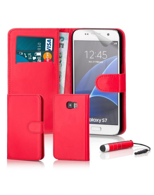 Samsung Galaxy S7 Pu Leather Book Style Wallet Case with free  Stylus-Red