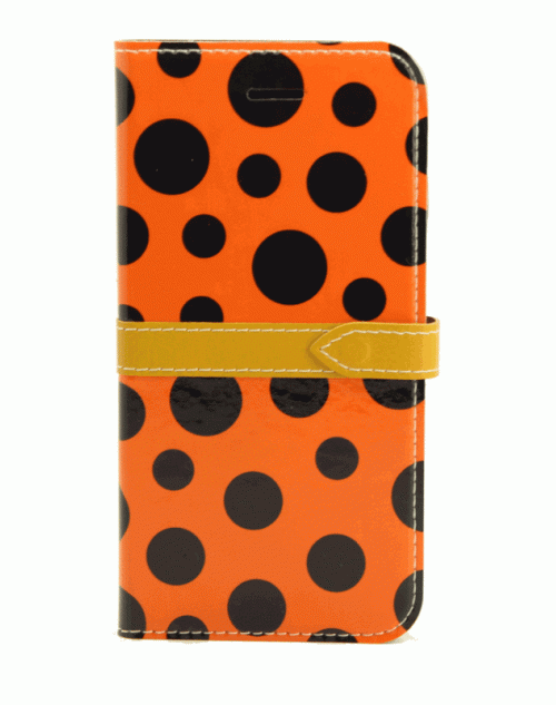 iPhone 6 / 6s (4.7) Pu Leather Book Wallet Style Case with Adjustable Viewing Stands & Card Slots-Orange&Black Dots