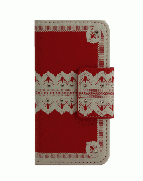 iPhone 6 / 6s (4.7) Pu Leather Book Wallet Style Case with Adjustable Viewing Stands & Card Slots-Red &White Lace