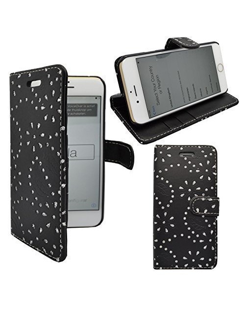 iPhone 6 6s Glitter Pu Leather Book Style Wallet Case with free  Stylus-Black