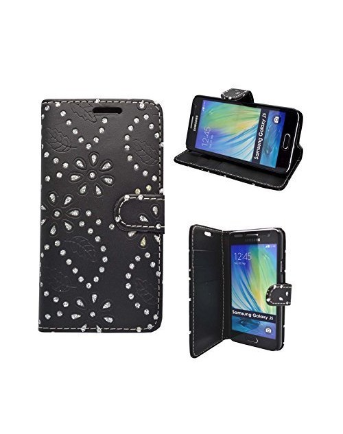 Samsung Galaxy J5 2016 Glitter Pu Leather Book Style Wallet Case with free  Stylus-Black